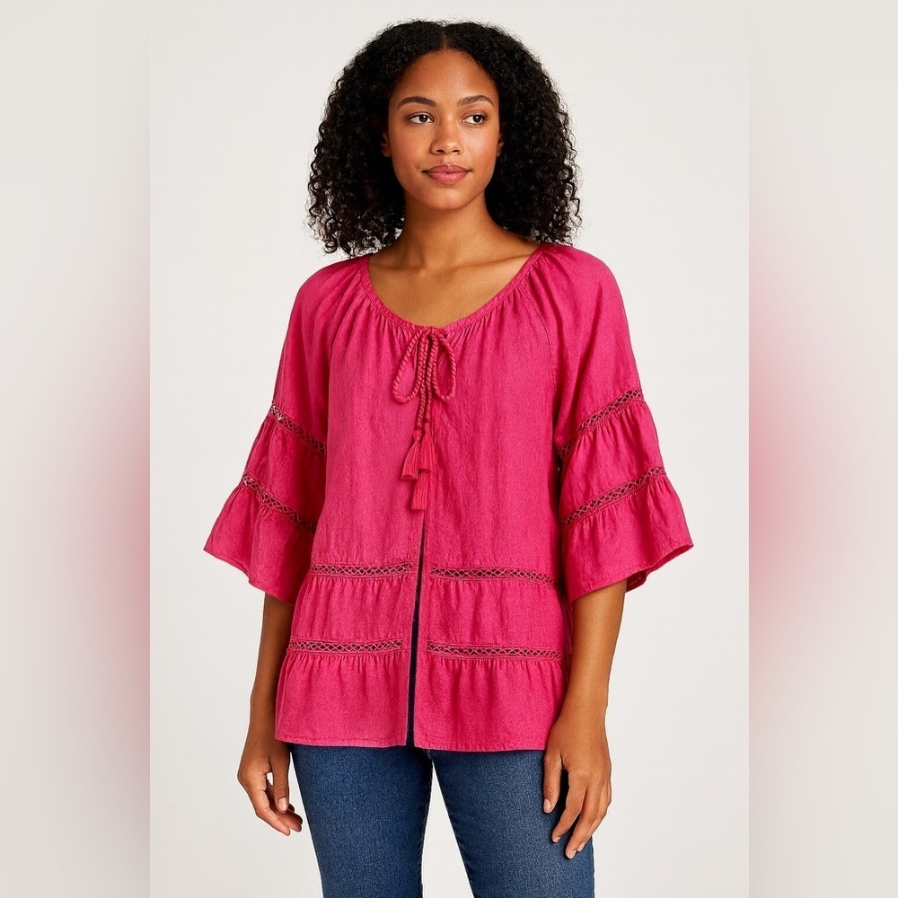 Pink Boho Tassel Peasant Top Tiered Ruffle Sleeve Resort Jacket EUC XL #1451
